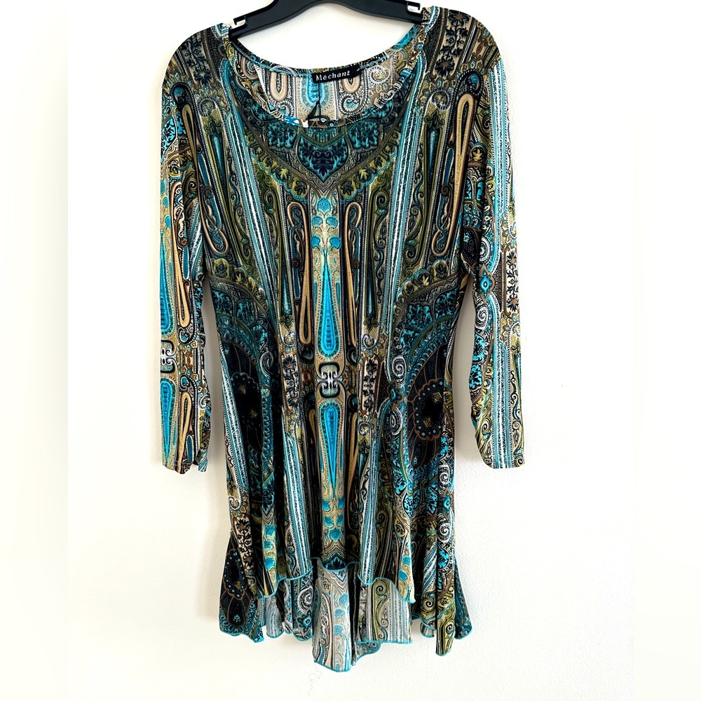 Flowing turquoise multi colored blouse wonderful fabric size L